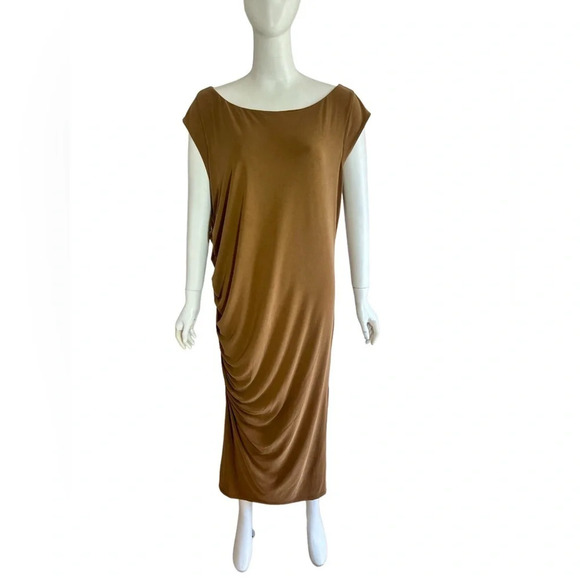 Universal Standard Rachel Ruched Midi Dress Caramel Brown Sleeveless Size 14/16 - Picture 5 of 13